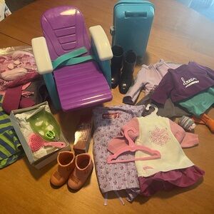 American Girl Purple & Teal Doll Hairdressing chair  with American Girl clothes